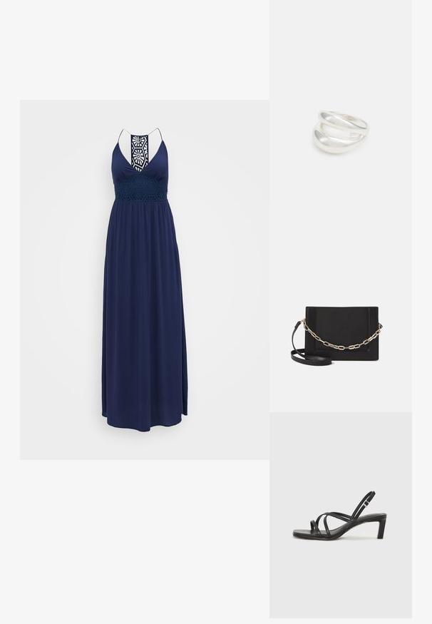 Tumši zila maxi kleita ar dziļu V veida kakla izgriezumu, plānām siksnām un sarežģītu rakstainu mežģīņu detaļu viduklī. Plūstošs, mīksts audums.; Melnas strappy sandales ar kvadrātveida purngaliem un zemu bloku papēdi. Ievērojamas ar vairākiem plāniem siksniņām un regulējamu potītes siksniņu. Izgatavotas no gludas ādas.; Melna ādas crossbody soma ar gludu faktūru, taisnstūrveida formu un metalizētu ķēdes detaļu priekšā. Iekļauta regulējama siksna.; Sudraba divu joslu gredzens ar gludu, pulētu virsmu. Iezīmējas ar plūstošu, izliekta dizaina struktūru ar pārklājošām sekcijām modernam izskatam.