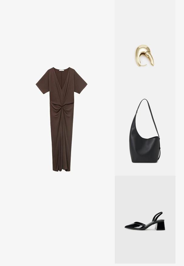Hnedé šaty po kolená z jemného materiálu s hlbokým V-výstrihom, krátkymi rukávmi a zberaním v oblasti pása. Hladká textúra.; Čierne lakované kožené sandálové podpätky s špicatou špičkou a geometrickým blokovým podpätkom. Disponujú elegantným, minimalistickým dizajnom a hladkým povrchom.; Čierna kožená hobo taška so hladkou textúrou, zakriveným tvarom a jedným nastaviteľným popruhom; má široké otvorenie na vrchu.; Náušnice z kovu v zlatej farbe s elegantným, zakriveným dizajnom. Majú charakteristický špicatý tvar, leštený povrch a uzáver na pánt.
