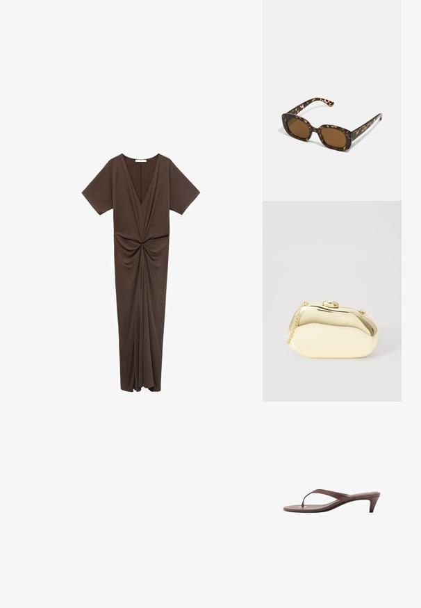 Brązowa sukienka do kolan z miękkiego materiału, z głębokim dekoltem w serek, krótkimi rękawkami i marszczeniem w talii. Gładka tekstura.; Brązowe sandały na obcasie w stylu klapek z wąskim paskiem i zaokrąglonym palcem, z małym złotym akcentem na wkładce.; Okulary przeciwsłoneczne w kratkę z zaokrągloną, grubą oprawą i brązowymi soczewkami. Posiadają subtelne wzory oraz proste, zwężane zauszniki.; Metaliczna złota kopertówka o gładkim, zaokrąglonym kształcie, z górnym zapięciem na guzik i małym łańcuszkiem do noszenia.