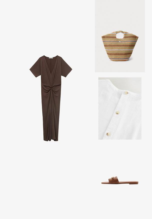 Brązowa sukienka do kolan z miękkiego materiału, z głębokim dekoltem w serek, krótkimi rękawkami i marszczeniem w talii. Gładka tekstura.; Biała lniana koszula z okrągłym dekoltem i listwą guzikową z beżowymi guzikami. Tkanina ma miękką, teksturowaną powierzchnię.; Brązowe skórzane klapki z dwiema szerokimi paskami, zdobionymi dekoracyjnym przeszyciem i złotą klamrą. Płaska podeszwa.; Torebka z plecionego słomy z wielokolorowymi paskami w kolorze brązowym, zielonym, pomarańczowym i niebieskim. Posiada płaski kształt i dwa otwory na ręce. Lekka konstrukcja.