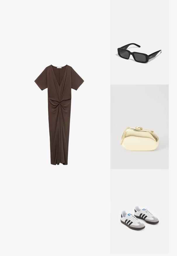 Rjava obleka do kolen iz mehkega materiala, z globokim V-izrezom, kratkimi rokavi in nabrano podrobnostjo v pasu. Gladka tekstura.; Športni čevlji z belim usnjenim zgornjim delom, sivim semišem na prstih in tremi črnimi črtami. Imajo modro logo na jeziku in teksturiran gumijast podplat.; Arnette THEKIDD UNISEX - Sončna očala - black; Metalna zlata torbica z gladko, zaobljeno obliko, opremljena z zgornjim gumbom in majhnim verižnim ročajem za nošenje.