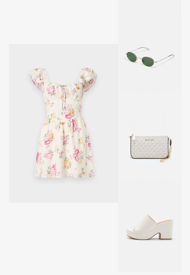 Cvjetna haljina od krem tkanine, s ružičastim i žutim cvjetovima, kratkim napuhanim rukavima, nabranim tijelom i suknjom koja se širi.; Bijeli platform cipele mules s glatkom završnom obradom, otvorenim prstima i debljim potpeticama. Imaju suptilan gornji šav i kontrastni potplat.; Naočale sa zlatnim okvirom, zelena ovalna stakla i tanke metalne nogice. Imaju prozirne plastične vrhove na nogicama radi udobnosti.; Michael Kors novčanik na zapešću u bež premazanoj tkanini s ponavljajućim uzorkom MK loga, zlatnim hardverom i odvojivim lancem za nošenje.