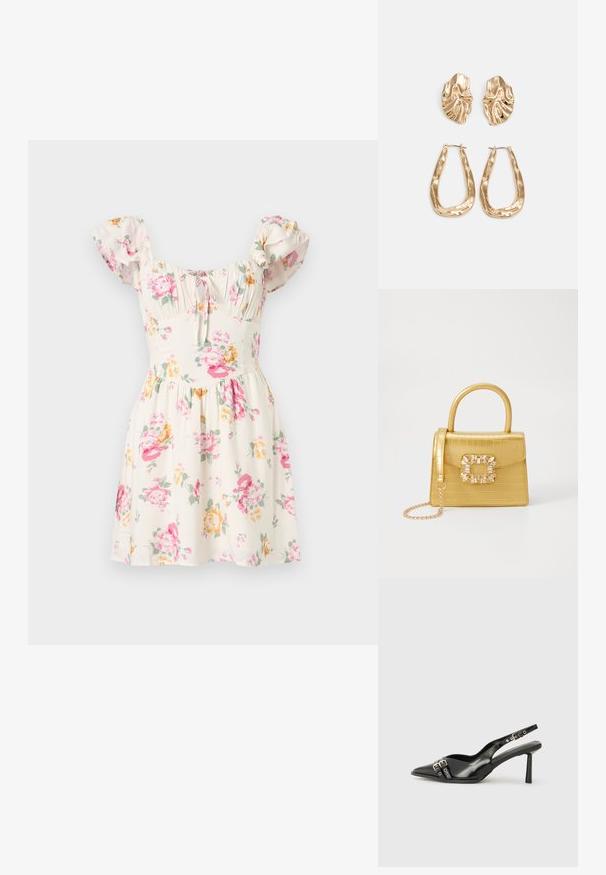 Gėlėta suknelė iš kreminės medžiagos, su rožinėmis ir geltonomis gėlėmis, trumpomis pūstomis rankovėmis, raukiniais krūtinėje ir platėjančia sijono konstrukcija.; Juodas lakuotas odinis batelis su smailiu pirštu, kulkšnies dirželiais su sidabrinėmis sagtimis ir detalėmis, bei plonu kulnu.; Geltonas dirbtinės krokodilo odos rankinukas su standžiu dizainu, viršutine rankena, nuimamu grandininiu dirželiu ir dekoratyviniu krištolo papuošimu ant užsegimo.; Auksinės auskarai, turintys tekstūruotus, bangų formos elementus. Įeina skulptūriniai segami auskarai ir atviri lankai su išmuštu paviršiumi.