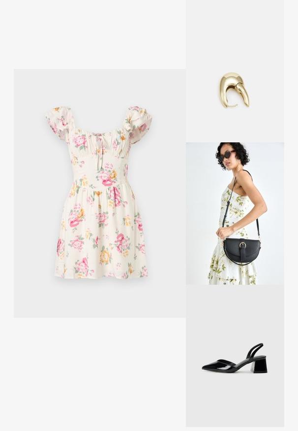Bloemige jurk van crèmekleurige stof, met roze en gele bloemen, korte puffmouwen, een geraffineerde taille en een uitlopende rok.; Zwarte gepatineerde leren slingback hakken met een spitse neus en een geometrische blokhak. Kenmerkt zich door een slank, minimalistisch ontwerp en een gladde textuur.; Zwarte leren handtas met een gebogen vorm, afneembare schouderband en gouden hardware. De tas heeft een klep met een gespsluiting.; Gouden metalen oorbel met een slank, gebogen ontwerp. Beschikt over een kenmerkende puntige vorm, gepolijste oppervlakte en scharnier sluiting.