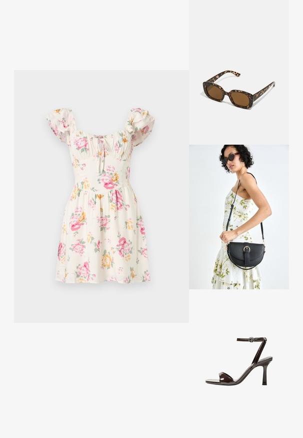 Květinové šaty z krémové látky, zdobené růžovými a žlutými květy, s krátkými nabíranými rukávy, řasenou tělní částí a rozšířenou sukňovou siluetou.; Hnědé lakované kožené sandály na vysokém podpatku s páskem kolem kotníku, otevřenou špičkou a elegantním, minimalistickým designem. Obsahují čtvercový podpatek.; Sluneční brýle ve skořápce želvy s kulatým, širokým rámem a hnědými čočkami. Mají jemné vzory a rovné, zúžené stranice.; Černá kožená kabelka s křivkovým tvarem, odnímatelným popruhem a zlatými detaily. Kabelka má klopu s přezkou.