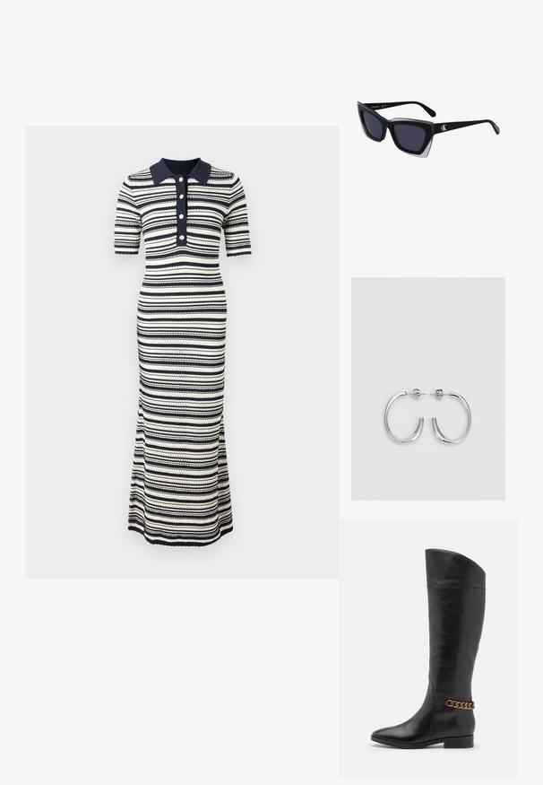 Prúžkovaná maxi šaty v námorníckej modrej a krémovej farbe, s golierom, krátkymi rukávmi, gombíkovou légou a priliehavým strihom s rozšíreným spodným lemom.; Vysoké čierne kožené čižmy so štíhlym dizajnom, špicatou špičkou a zlatým reťazovým akcentom na členku. Nízky blokový podpätok. Hladká textúra.; Čierne oversized slnečné okuliare s geometrickým tvarom, s tmavými šošovkami a kontrastným šedým detailom na ráme. Logo na mostíku.; Strieborné kruhové náušnice s hladkým, lesklým povrchom, majú zakrivený tvar a zapínanie na puzetu. Minimalistický dizajn s moderným vzhľadom.