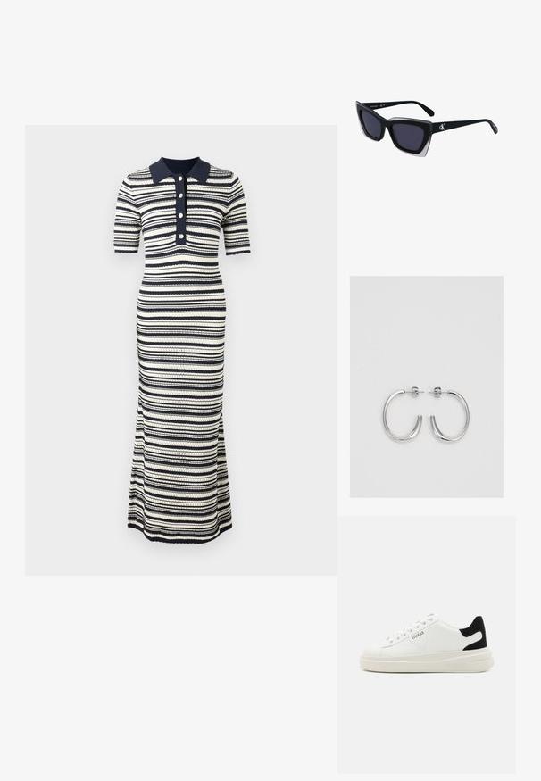 Maksi obleka s črtami v mornarsko modri in krem barvi, z ovratnikom, kratkimi rokavi, zapenjanjem na gumbe in prilegajočim krojem ter razširjenim robom.; Bele usnjene športne copate z debelim belim podplatom, črnimi semišnimi detajli na peti in utisnjenim logotipom na strani. Zavezovanje s šestimi luknjicami.; Črne prevelike sončne očala geometrijske oblike, z temnimi lečami in kontrastno sivo podrobnostjo na okvirju. Logo na ročaju.; Srebrne obročaste uhane z gladko, sijočo površino. Zaobljena oblika, lahka zasnova, z zapiranjem na zatič.