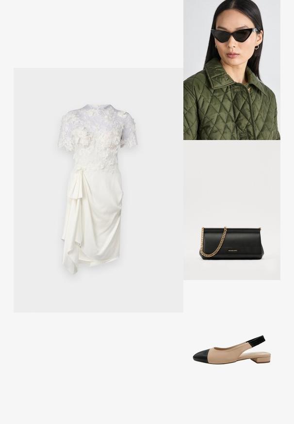Robe blanche avec un dessus en dentelle florale, manches courtes, corsage ajusté et un détail drapé sur le côté. Texture lisse et tissu doux.; Soulier slingback en cuir beige avec un bout noir, un petit talon carré et une bande élastique texturée pour un ajustement réglable.; Lunettes de soleil noires en forme de cat-eye avec un design angulaire, portées avec une veste matelassée olive à col et à motif en losanges.; Sac à main en cuir noir avec une bandoulière en chaîne dorée, présentant une texture lisse, une forme rectangulaire et une marque embossée à l'avant.