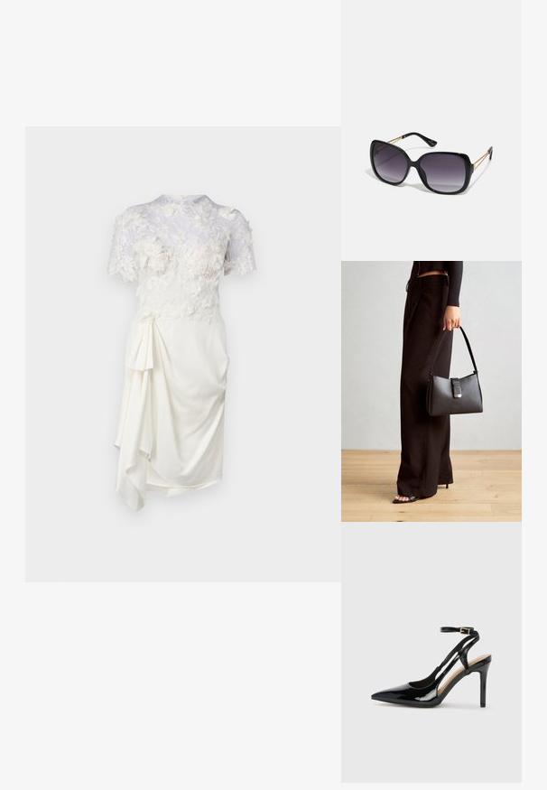 Biele šaty s kvetinovou čipkovou vrstvou, krátkymi rukávmi, priliehavým korzetom a drapovaným bočným detailom. Hladká štruktúra a jemná textília.; Čierne lakované kožené sandále na vysokom podpätku s špicatou špičkou, nastaviteľným remienkom na členku a otvorenými bokmi. Hladká textúra.; Čierne oversized slnečné okuliare s gradientovými sklíčkami, hrubými rámami a zlatým retiazkovým detailom na stranách.; Čierna kabelka so štruktúrovaným tvarom, hladkou textúrou a kovovou sponou. V kombinácii so širokými čiernymi nohavicami a sandálmi s otvorenou špičkou na drevenej podlahe.