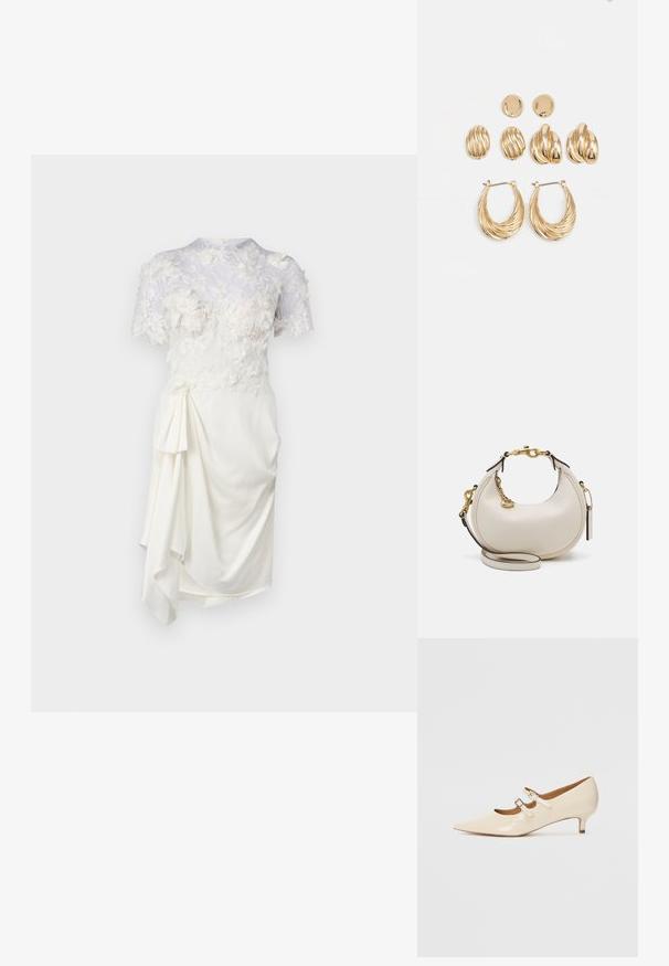 Weißes Kleid mit floralem Spitzenüberzug, kurzen Ärmeln, tailliertem Oberteil und einem drapierten Seitenelement. Glatte Textur und weicher Stoff.; Beige Lackleder-Mary-Jane-Schuhe mit zwei verstellbaren Schnallen, spitzem Schuhkopf und niedrigem Absatz. Glatte Textur mit glänzendem Finish.; Cremfarbene Lederhandtasche in Mondform, mit goldenen Akzenten, schwarzen Details und einem abnehmbaren Gurt. Sie verfügt über eine Kettendetail und einen Anhänger.; Goldfarbene Ohrringe, bestehend aus drei Paaren: strukturierte ovale Stecker, ohrringe mit gewelltem Design und große Creolen mit geschichteten Rillen.