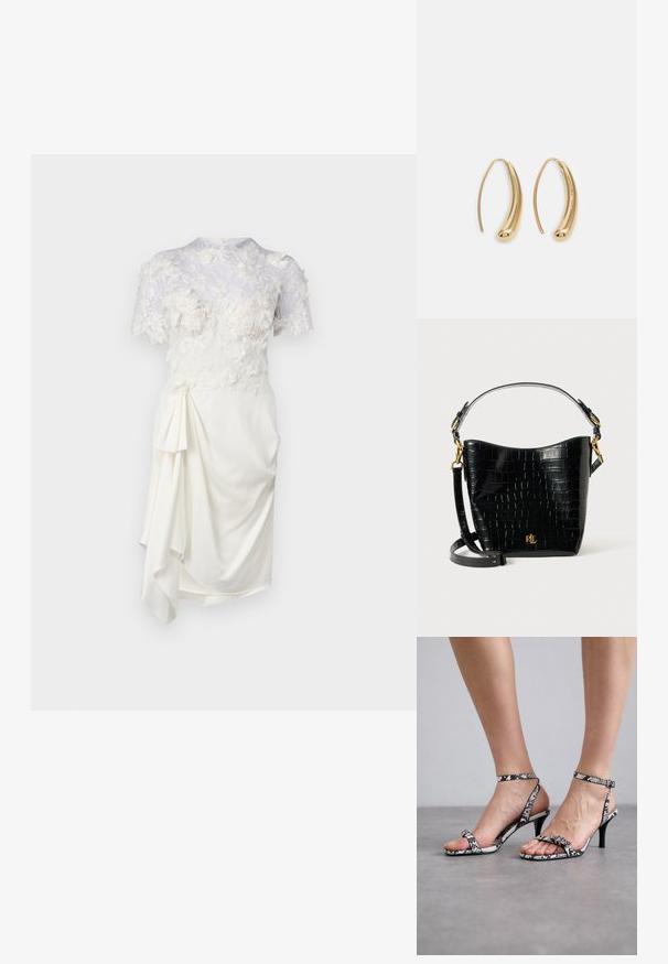 White dress with floral lace overlay, short sleeves, fitted bodice, and a draped side detail. Smooth texture and soft fabric.; Black and white snakeskin-patterned high-heeled sandals with thin straps and a small buckle detail. The heel is slender and pointed.; Black croc-embossed leather bag with a curved shape, gold hardware accents, an adjustable strap, and a logo detail at the front.; Gold-tone metal hoop earrings with a curved, elongated shape. Features a smooth, shiny surface and a rounded tip for added detail.