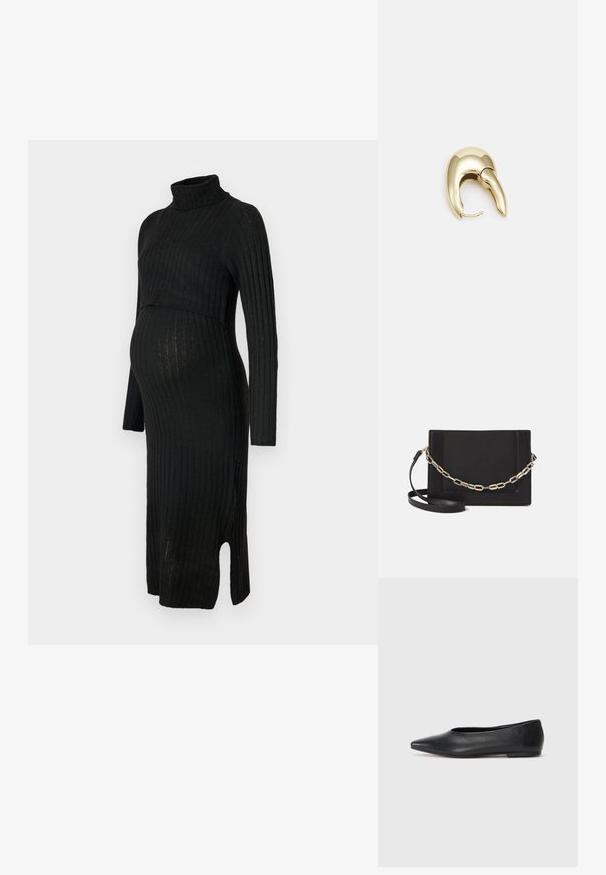 Juoda tekstūruota midi suknelė su ilgomis rankovėmis ir golfo apykakle. Pasižymi šoniniu įpjovimu ir prigludusia suknele, kad būtų patogu augančiai pilvai.; Juodas odinis baleto batas, su smailiu pirštu, minimalistinio dizaino, lygiu paviršiumi, žemo profilio kulnu, be matomos aparatūros ar papuošimų.; Juodas odinis per petį nešiojamas krepšys turi lygų paviršių, stačiakampio formą ir metalinę grandinėlę priekyje. Pridedama reguliuojama dirželis.; Aukso tono metalinės auskarai su stilingu, kreiviu dizainu. Išsiskiria ryškiu smailiu pavidalu, poliruota paviršiumi ir užsegimu su vyriu.