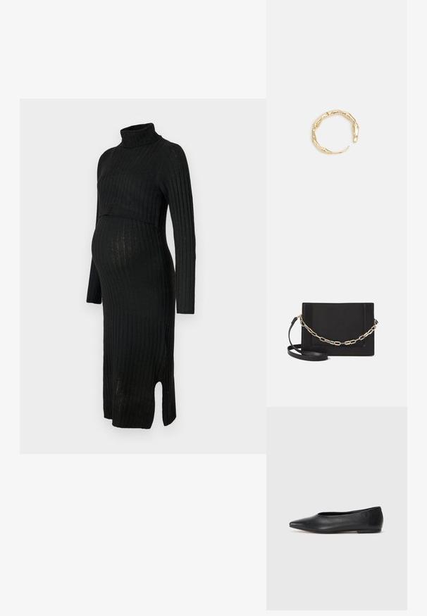 Crna trudnička haljina pletena s rebrastim uzorkom, s rolkom, dugim rukavima i bočnim prorezom. Ima pripijeni kroj dizajniran za udobnost i potporu.; Crne kožne balerinke, uski vrh, minimalistički dizajn, glatka tekstura, niska peta, bez vidljivih dodataka ili ukrasa.; Crna kožna torba preko tijela s glatkom teksturom, pravokutnim oblikom i metalnim lancem na prednjoj strani. Uključena je podesiva naramenica.; Prsten u zlatnoj nijansi s organskim, uvijenim dizajnom, glatkom teksturom i suženim krajevima, koji stvara moderan, skulpturalni izgled.