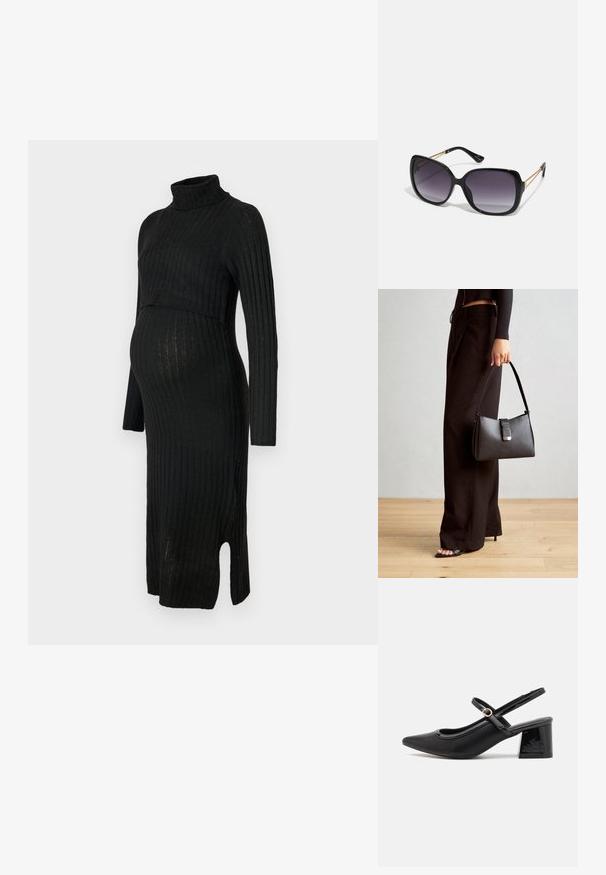 Vestido midi preto com bainhas, mangas longas e gola alta. Apresenta uma fenda lateral e um design justo para acomodar uma barriga em crescimento.; Sabrinas de cerâmica preta com salto bloco, bico apontado e um design com recortes arredondados. Apresenta um detalhe em fivela de tom dourado.; Óculos de sol oversized pretos com lentes degradê, armações grossas e detalhes em corrente dourada nas hastes.; Bolsa preta com forma estruturada, textura suave e um fecho metálico. Combinada com calças largas pretas e sandálias de salto aberto sobre um chão de madeira.