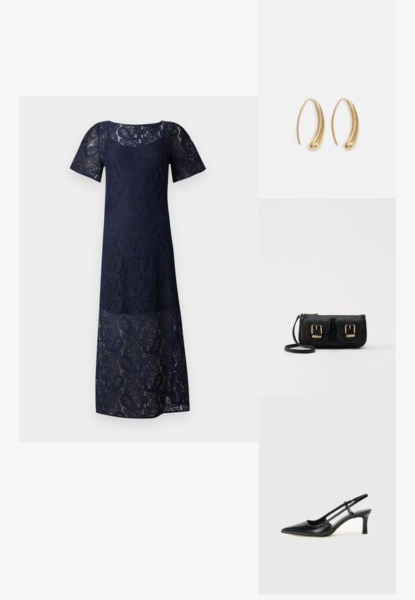 Mekko, jossa on laivastonsininen pitsikangas, suora siluetti, lyhyet hihat ja kukkakuosi, jossa on läpinäkyvä viimeistely helman kohdalla.; Musta patent slingback-kiilakorko teräväkärkisellä muotoilulla, jossa on teksturoitu käärmeennahkakuosi, säädettävä remmi ja lyhyt, teksturoitu blokkiheel.; Musta nahkainen olkalaukku, jossa on kaksi etutaskua, kultaiset soljet, vetoketjukiinnitys ja kapea hihna. Teksturoidun pinnan ja kompaktin suorakaiteen muoto.; Korvakorut kultasävytteistä metallista, joissa on kaareva, pitkänomainen muoto. Ominaisuuksiin kuuluu sileä, kiiltävä pinta ja pyöreä kärki lisäyksinä.