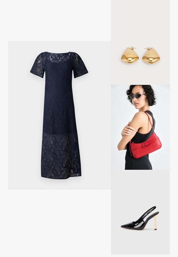 Mørkeblå blondekjole med rett silhuett, korte ermer og blomstermønster, med en gjennomsiktig finish langs kanten.; Sorte patentlær slingback høyhælte sko med spiss tå og gullfarget firkantet hælaccent. Har justerbar ankelrem.; Rød lær skulderveske med en glatt tekstur, buet design og en dekorativ spenne. Justerbar stropp og glidelås-lukking.; Øreringer i gulltone laget av metall, med en glatt, avrundet trikantform og stift-bakdesign; reflekterende overflate med minimal detaljer.