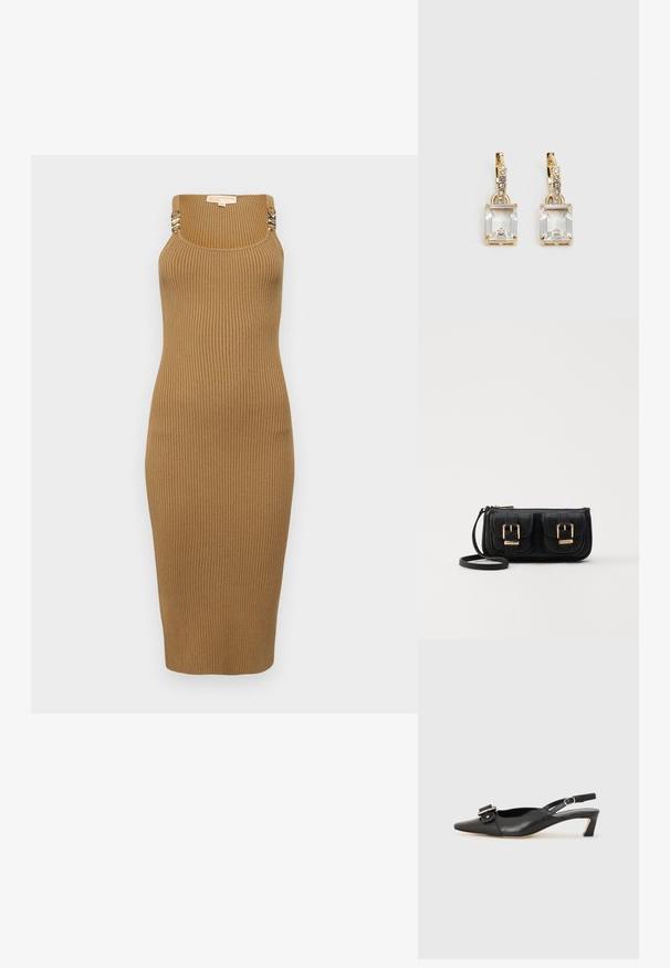 Vestido midi castanho com texturas, de alças finas e detalhes metálicos. Ajustado ao corpo, com uma silhueta reta e tecido texturizado.; Sandal com correia preta em pele, com bico fino, pequeno salto e detalhe de fivela decorativa na parte superior. Textura suave, design minimalista.; Bolsa de ombro em couro preto com dois bolsos frontais, fivelas douradas, fecho de zíper e uma alça fina. Superfície texturizada e forma retangular compacta.; Brincos em tom de ouro com um cristal retangular claro pendurado abaixo de uma linha de pequenos acentos redondos claros. Design elegante e moderno.