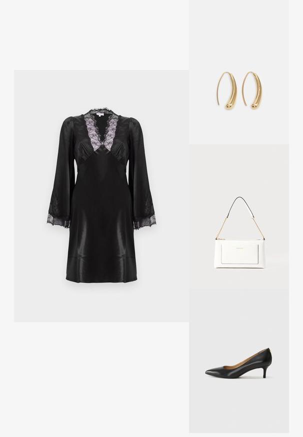 Vestido de seda negra com um profundo decote em V, com acabamento em renda lavanda, mangas longas com detalhes em renda nos punhos e um acabamento liso e elegante.; Sapato de salto alto em pele preta com bico fino, salto baixo e textura suave. Apresenta uma ligeira abertura na parte da frente e mínima ferragem na parte de trás.; Bolsa de mão branca em couro com acabamento texturizado, featuring a corrente dourada e detalhes pretos. Inclui um bolso frontal e fecho com zipper.; Brincos em metal dourado com forma de arco alongado e curvado. Apresentam uma superfície lisa e brilhante, com uma ponta arredondada para um detalhe adicional.