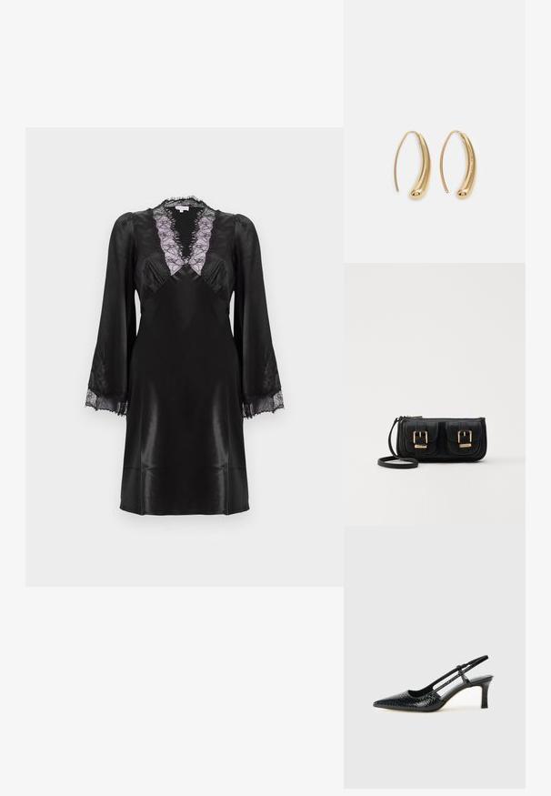 Juodas atlasinis suknelė su giliu V iškirpimu, papuoštu levandų spalvos nėriniu, ilgomis rankovėmis su nėrinių akcentais ant rankogalių ir glotnia, lygia apdaila.; Juodai lakuoti slingback aukštakulniai su smailiu nosiu, su tekstūruotu gyvatės raštu, reguliuojama juosta ir trumpu, tekstūruotu blokiniu kulnu.; Juodas odinis per petį nešiojamas krepšys su dviem priekiniais kišenėmis, auksiniais sagtimis, užtrauktuko uždarymu ir siauromis petnešomis. Textūruota paviršius ir kompaktiškas stačiakampis formatas.; Auksinės metalinės auskarų kabės su lenktą, pailgą forma. Turi lygų, blizgantį paviršių ir užapvalintą galiuką papildomam akcentui.