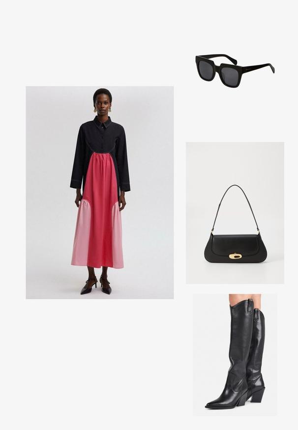 Abito lungo nero e rosa con scollatura a colletto, dotato di un pannello rosa arricciato in vita e dettagli di cuciture tonali.; Stivali neri in pelle al ginocchio con punta affusolata, gambale curvo e tacco grosso. Presentano una texture liscia e linguette di trazione nella parte superiore.; Occhiali da sole neri rettangolari con montatura in plastica spessa e lenti scure. Le astine sono elegantemente progettate con una finitura lucida e branding minimo.; Borsa a tracolla in pelle nera con design curvo, hardware color oro e manico superiore. Caratterizzata da una chiusura elegante e una superficie liscia.