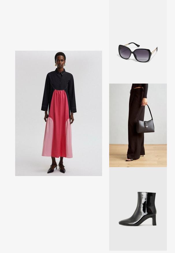 Abito lungo nero e rosa con scollatura a colletto, dotato di un pannello rosa arricciato in vita e dettagli di cuciture tonali.; Stivaletto in pelle verniciata nera con punta a punta e tacco a blocco di altezza media. Texture liscia e design minimalista.; Occhiali da sole neri oversize con lenti sfumate, montatura spessa e dettagli in catena dorata sulle astine.; Borsa nera con forma strutturata, texture liscia e una chiusura metallica. Abbinata a pantaloni neri larghi e sandali open-toe su un pavimento in legno.