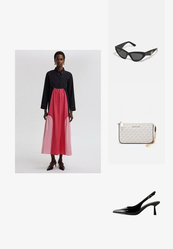 Fekete és rózsaszín hosszú ruha, galléros nyakkivágással, a derékrészen begyűrt rózsaszín betéttel és tónusos varrási részletekkel.; Fekete lakk bőr slingback pumpa hegyes orral, kivágott oldalakkal, állítható boka pánttal és vékony, elegáns sarkával.; Macska szemformájú napszemüveg matt fekete műanyag kerettel, sötét lencsékkel és arany logóval a szárán. Szögletes kialakítás és sima felület.; Michael Kors bézs bevonatos vászon karkötő, amely ismétlődő MK logó mintával, aranyszínű fémrészletekkel és levehető lánchordóval rendelkezik.