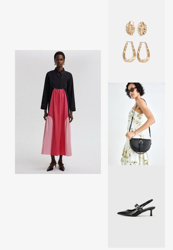 Czarna i różowa długa sukienka z kołnierzykiem, z falbaną w różowym kolorze na talii i tonalnymi przeszyciami.; Czarne lakierowane szpilki slingback z wąskim noskiem i małym słupkiem, z ozdobnym srebrnym klamrą na pasku.; Czarna skórzana torebka o zakrzywionym kształcie, z odpinanym paskiem i złotymi akcentami. Torebka posiada klapę z zapięciem w kształcie klamry.; Złote kolczyki w odcieniu, prezentujące teksturowane, faliste kształty. Zawierają rzeźbiarskie klipsy i otwarty projekt kółek z młotkowanym wykończeniem.