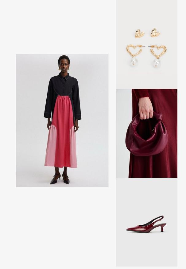 Schwarzes und pinkes langes Kleid mit einem kragenähnlichen Ausschnitt, das ein gerafftes pinkes Panel in der Taille und tonale Steppdetails aufweist.; Burgunderfarbene Lackleder Slingback-Absätze mit spitzem Zehenbereich und schlankem Stiletto-Absatz. Offenes Rückendesign mit verstellbarem Knöchelriemen.; Burgunderleder-Handtasche mit einem weichen, gerafften Design und einer gerundeten Form. Der Griff ist gesichert und zeigt eine glatte Textur.; Herzförmige Ohrringe in Goldton mit strukturierter Oberfläche, mit einem hängenden Perlenakzent. Einschließlich passender Herz-Stiftohrringe.