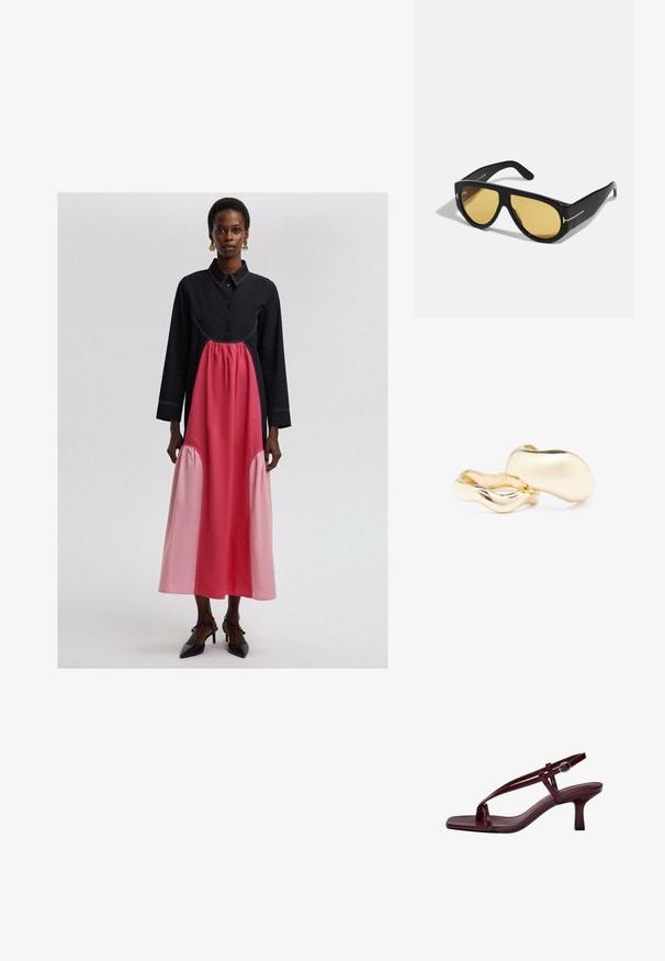 Robe longue noire et rose avec un col, présentant un panneau rose froncé à la taille et des détails de coutures ton sur ton.; Sandales à talons hauts bordeaux avec un orteil carré, des lanières fines et une boucle au niveau de la cheville. Texture en cuir lisse et un talon bloc fin.; Lunettes de soleil noires avec une monture géométrique, verres jaunes et accents dorés sur les branches. Texture lisse, forme large, design contemporain.; Boucles d'oreilles de couleur or avec une forme organique, semblable à des haricots, et une surface lisse et réfléchissante ; elles présentent un design minimaliste sans matériel visible.