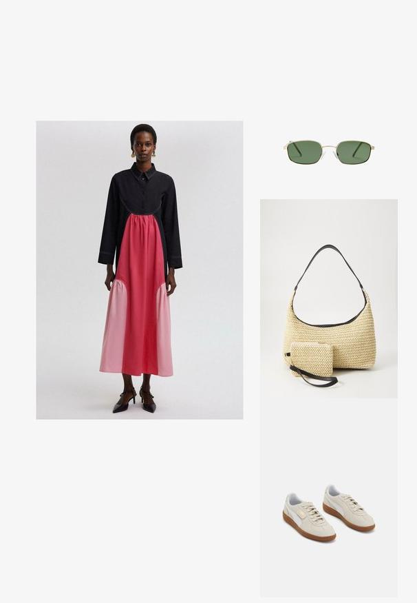 Robe longue noire et rose avec un col, présentant un panneau rose froncé à la taille et des détails de coutures ton sur ton.; Baskets en daim beige avec des accents en cuir blanc et des semelles en caoutchouc marron. Présentent un bout rond, des lacets et un logo doré sur le côté.; Lunettes de soleil avec une monture en métal doré, des verres verts, de forme rectangulaire et des coussinets de nez en plastique transparent. Branches fines et élancées avec un design minimal.; Sac à main en paille tissée avec une silhouette courbée, doté d'une bandoulière en cuir noir lisse et d'une petite pochette assortie attachée par une sangle pour le poignet.