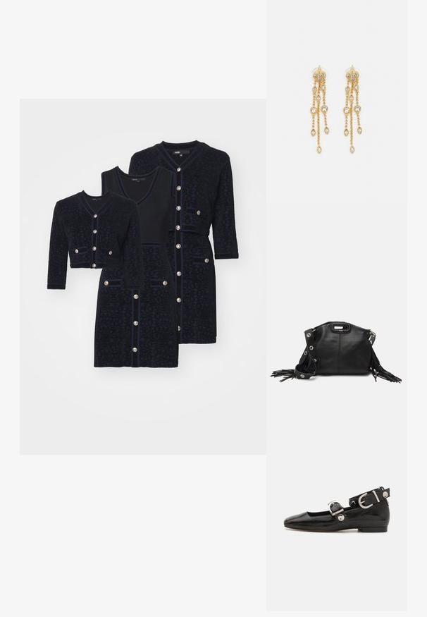 Maje Day dress - noir/marine; Black patent leather flat shoe with a squared toe, ankle strap featuring silver hardware, and flat sole. Smooth texture with minimalist design.; Maje MISS MINI - Cross body bag - noir; Gold-tone earrings with multiple cascading chains, featuring clear oval rhinestone accents and decorative stud tops.