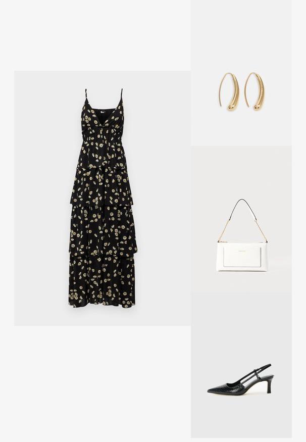 The Kooples ROBE - Maksikleit - black/white; Mustmust paelad, millel on terav varvas, tekstuuriga maduprindiga, reguleeritav rihm ja lühike tekstuuriga plokknina.; Valge nahast kott tekstureeritud viimistlusega, millel on kuldne kettling ja mustad aktsendid. Include eesmine tasku ja tõmblukk.; Kuldtoonilised metallist rõngas kõrvarõngad, millel on kõver ja piklik kuju. Omavad siledat, läikivat pinda ja ümarat tipptugevdust, mis lisab detaili.