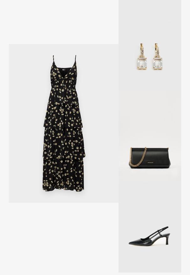 The Kooples ROBE - Maksi garuma kleita - black/white; Melna patent āda ar slīdošo papēdi un smailo purngalu, ar teksturētu čūsku drukājumu, regulējamu siksniņu un īsu teksturētu blokpapēdi.; Melns ādas apliecības soma ar zelta ķēdes siksnu, ar gludu tekstūru, taisnstūra formu un izspiestu zīmolu uz priekšpuses.; Zeltītas auskaru rotas, kuru centrā ir taisnstūra formas caurspīdīgs kristāls, kas karājas zem mazu, apaļu caurspīdīgu akcentu rindas. Elegants, mūsdienīgs dizains.