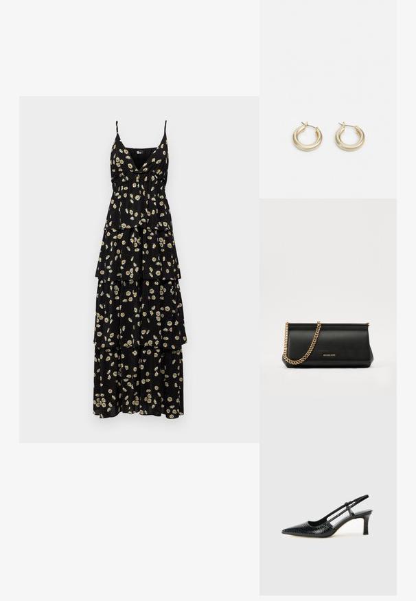 The Kooples ROBE - Maxikleid - black/white; Schwarze Lack-Slingback-Pumps mit spitzem Zehenbereich, versehen mit strukturiertem Schlangenprint, verstellbarem Riemen und einem kurzen, strukturierten Blockabsatz.; Schwarze Leder-Clutch mit einer goldenen Ketten-Trage, die eine glatte Oberfläche, rechteckige Form und geprägtes Branding auf der Vorderseite aufweist.; Lauren Ralph Lauren BASIC SMALL HOOP - Ohrringe - gold-coloured