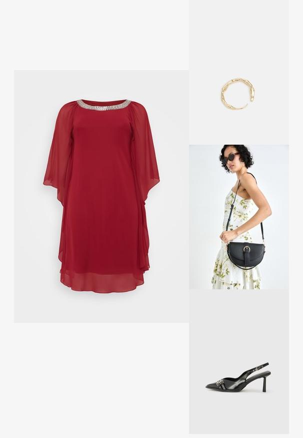 Červené šifónové šaty s širokým výstrihom zdobeným strieborným flitrovým lemom a splývavými rukávmi pre voľný a elegantný strih.; Čierne lakované kožené slingback topánky s špicatou špičkou, remienkami okolo členku s striebornými prackami a hardvérom, a štíhlým podpätkom.; Čierna kožená kabelka s zaobleným tvarom, odnímateľným popruhom a zlatými doplnkami. Kabelka má klopu s detailom s prackou.; Prsteň v zlatej farbe s organickým, skrúteným dizajnom, hladkým povrchom a zužujúcimi sa koncami, vytvárajúci moderný, sochársky vzhľad.