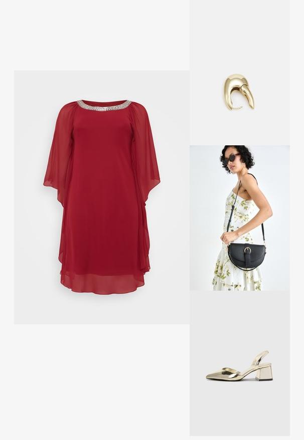 Rdeča šifonska obleka z širokim izrezom, okrašena z srebrnim bleščicami, ter z ohlapnimi rokavi za sproščen in eleganten videz.; Zlati, kovinski slingback čeveljci z ostrim nosom in masivnim peto. Gladka tekstura, minimalistična zasnova in ozka zanka.; Črna usnjena torbica s ukrivljeno obliko, z odstranljivo naramnico in zlatimi dodatki. Torbica ima pokrov s podrobnostmi v obliki zaponke.; Uhane nakit iz zlatastega tona z gladko, ukrivljeno zasnovo. Ima edinstveno koničasto obliko, polirano površino in zaponko s tečajem.