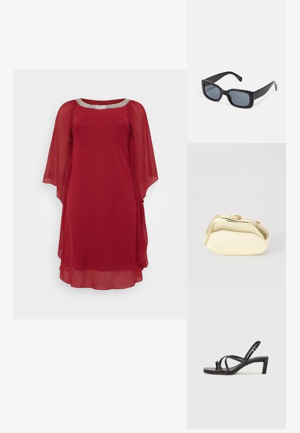 Vestido de chiffon vermelho com um decote largo adornado com uma faixa de lantejoulas prateadas e mangas fluidas, proporcionando um ajuste solto e elegante.; Sandal de tiras pretas com biqueira quadrada e um pequeno salto bloco. Apresenta várias tiras finas e uma tira no tornozelo ajustável. Feito de couro liso.; Óculos de sol retangulares pretos com lentes escuras, armação de plástico espessa e hastes largas. Superfície lisa e design angular.; Clutch metálico dourado com uma forma suave e arredondada, apresentando um fecho de botão superior e uma pequena alça em corrente para transporte.