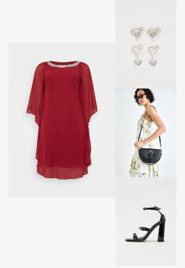 Raudonas šifono suknelė, turinti plačią apykaklę, papuoštą sidabriniu blizgučių apvadu, ir laisvai krentančios rankovės, suteikiančios laisvą, elegantišką siluetą.; Juoda blizgi lakuota basutė su kvadratiniu pirštu, kulkšnies dirželiais ir sidabro sagtimis. Yra tvirta blokinė kulno konstrukcija, užtikrinanti stabilumą.; Juodas odinis krepšys su išlenkta forma, nuimamu dirželiu ir auksiniais detalėmis. Krepšys turi kilpą su sagtimi.; Sidabrinės širdelės formos auskarai puošti facetuotais skaidriais akmenimis, su tekstūruotu rėmu. Rinkinį sudaro tiek auskarai-stud, tiek kabančios formos.