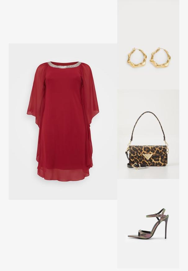 Rdeča šifonska obleka z širokim izrezom, okrašena z srebrnim bleščicami, ter z ohlapnimi rokavi za sproščen in eleganten videz.; Sandali na visokom petu z večbarvnim, teksturiranim vzorcem kačjega usnja. Imajo nastavljive strapove okrog gležnjev in dizajn z ostrim nosom.; Torba za čez ramo z leopardjim vzorcem iz teksturirane umetne usnjene, z zlatim trikotnim akcentom in odstranljivo naramnico.; Zlate uhane iz kroga z valovitim, teksturiranim dizajnom. Imajo tanek zapiralo iz žice in polirano, odsevujočo površino.