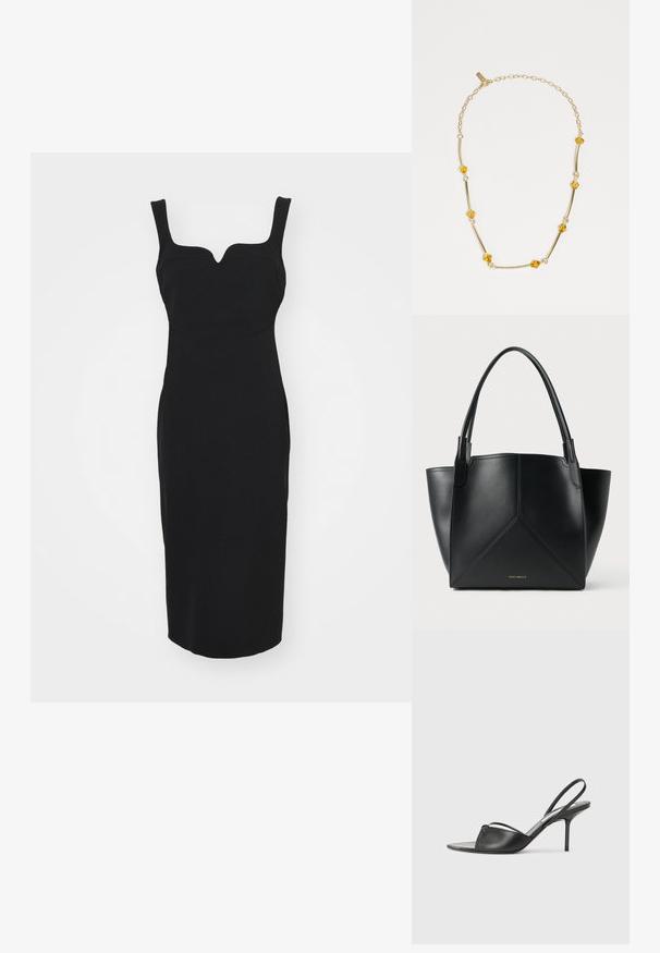 Černé přiléhavé šaty s širokými ramínky, srdcovým výstřihem a délkou ke kolenům. Hladká textura bez viditelných vzorů nebo dekorací.; Černé kožené lodičky na odkryté patě s špičatou špičkou, tenkým řemínkem kolem kotníku a jehlovým podpatkem. Obsahují uzlový detail na nártu.; Černá kožená taška na rameno s geometrickým designem, vybavená dvěma uchy a zlatým brandingem na přední straně. Hladká textura a strukturovaný tvar.; Zlatý náhrdelník s podlouhými zakřivenými kovovými pásky a žlutými krystalickými akcenty, s jemným řetízkem a uzávěrem na krabici.