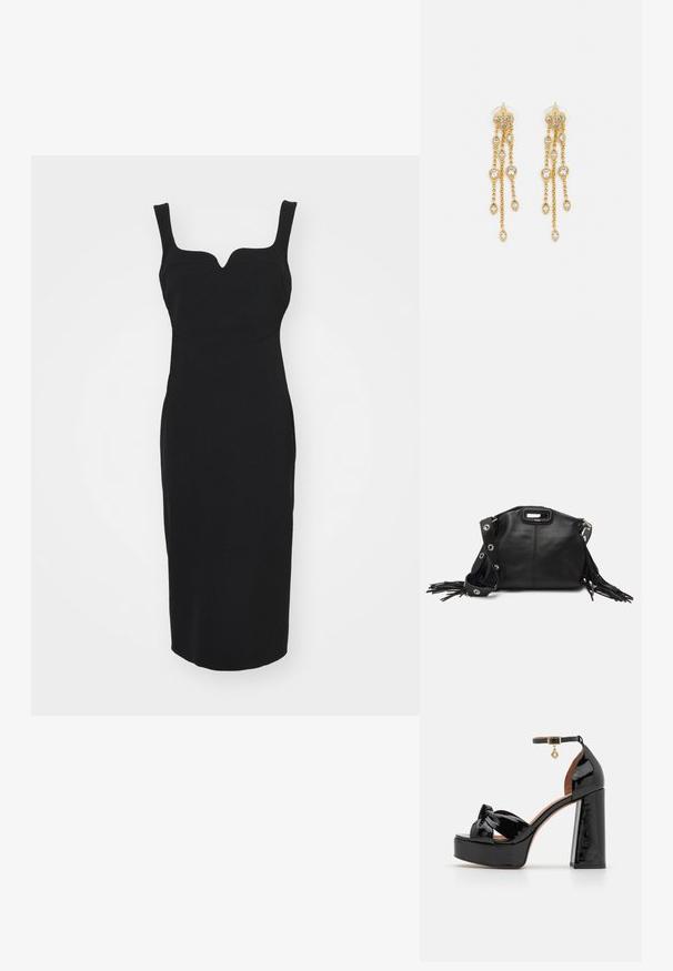 Fekete, testhez simuló ruha széles pántokkal, szív alakú nyakkivágással és térd alá érő szegéllyel. Simaszerkezet, látható minták vagy díszítések nélkül.; Maje Magas sarkú szandálok - noir; Maje MISS MINI - Keresztpántos táska - noir; Aranyszínű fülbevalók, több zuhanó lánccal, tiszta ovális strasszköves díszítéssel és dekoratív fülbevaló tetejével.