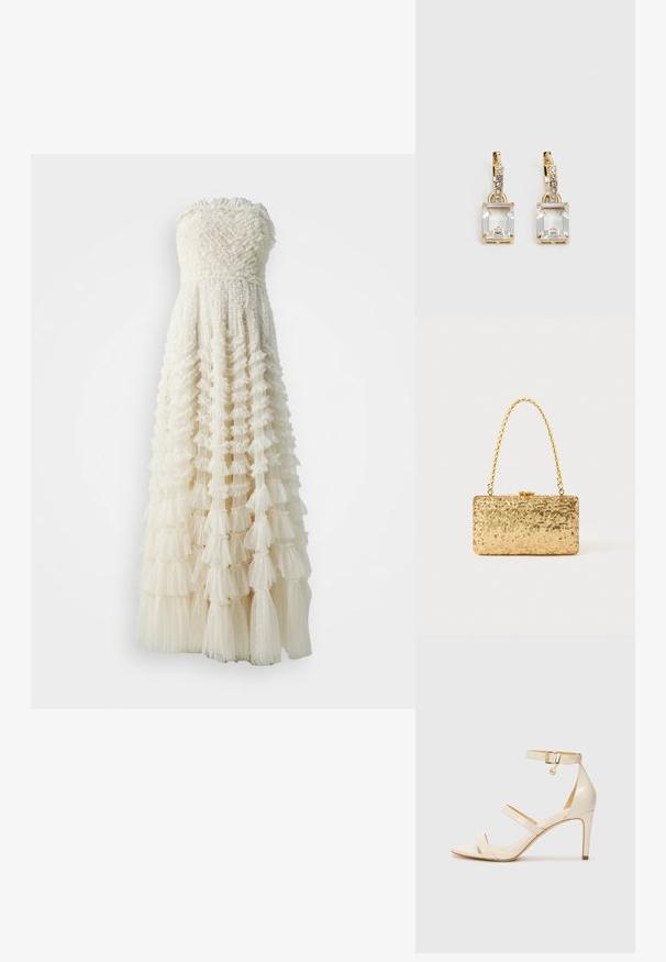 Robe blanche sans bretelles avec un corsage texturé et une jupe à volants superposés, présentant de la tulle transparente et un motif à pois subtil.; Sandales à talons beiges avec une fine bride de cheville et deux brides supérieures. Fini verni brillant et détails en métal doré sur la bride de cheville.; Pochette en sequins dorés de forme rectangulaire, dotée d'une poignée en chaîne torsadée et d'une fermeture à fermoir en métal, réfléchissant la lumière avec une finition texturée.; Boucles d'oreilles en or lumineux avec un cristal rectangulaire transparent pendent sous une rangée de petits accents ronds transparents. Design élégant et moderne.
