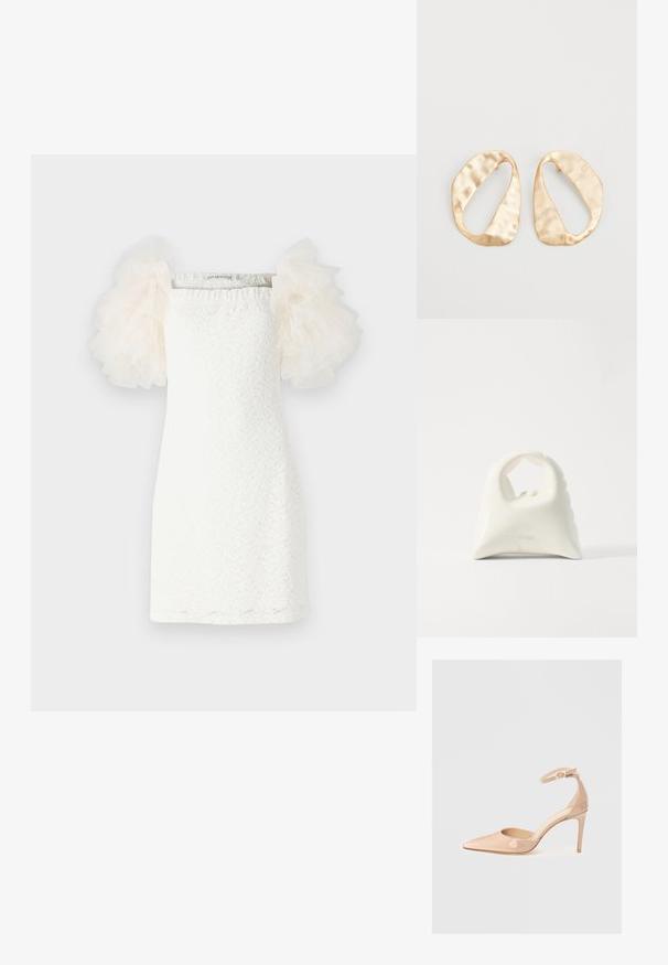 White dress featuring a textured lace pattern, straight cut, and sheer, puffed tulle sleeves in light cream. Minimalist design with a square neckline.; Nude patent leather pointed-toe shoe with an ankle strap and a stiletto heel, featuring a smooth texture and minimalistic design.; White handbag with a textured, curved design. Features a prominent handle and a rounded bottom, with a smooth finish and minimal hardware.; Pair of irregular oval-shaped gold-toned metal earrings with a textured, slightly hammered surface on a white background.