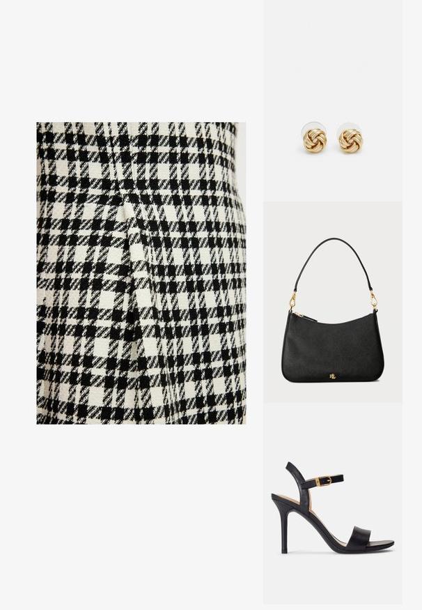 Kangast, millel on must-valge houndstooth mustril, eristuva tekstuuri ja kootud viimistlusega, sisaldab õmbluse juures voltide detaili.; Mustat korkokengät, joissa on sileä nahkapinta, avoin kärki ja yksinkertainen hihnadesigni kultabucklella.; Musta nahkainen käsilaukku, jossa on jämäkkä muotoilu, vetoketjusuljenta, irrotettava olkahihna ja kultaiset yksityiskohdat.; Kultaketjut korvakorut, joissa on kierretystä muotoilusta valmistettu solmu. Jokaisessa korvassa on pyöreä, kirkas tausta varman käyttömukavuuden takaamiseksi.