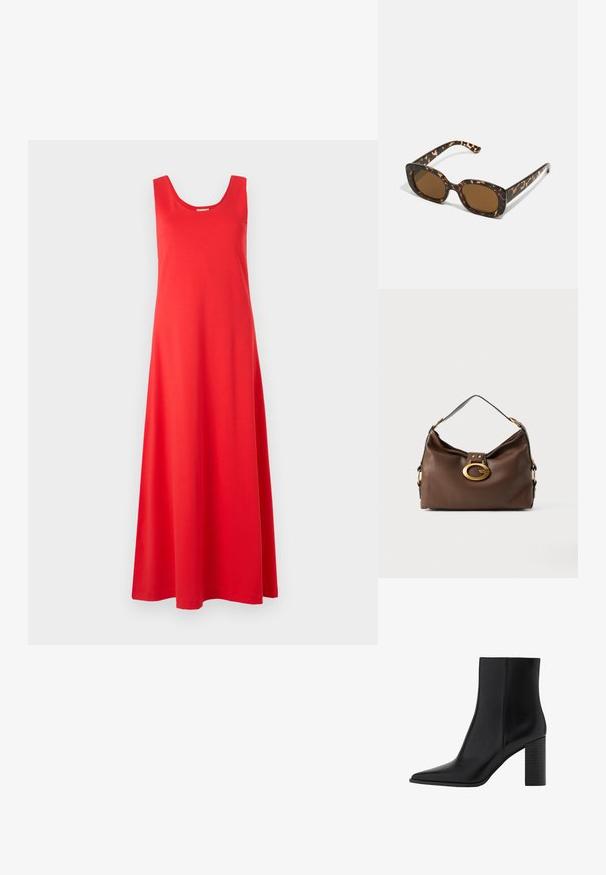 Punainen hihaton maksimekko, jossa on pyöreä pääntie, valmistettu pehmeästä kankaasta, joka tuo esiin valuva muoto ja suora helma.; Mustat nahkakengät nilkkapituisilla, teräväkärkisillä, neliskanttisine kannallinen, sileä pinta ja ompeluyksityiskohtia saumoissa. Kannan korkeus on noin 3,5 tuumaa.; Kaurisilmät, joissa on pyöreä, jämäkkä kehys ja ruskeat linssit. Ominaisuuksiin kuuluvat hillityt kuviot sekä suorat, kapenevat sangan osat.; Ruskea nahkalaukku, jossa on teksturoitu pinta, kultasävyisellä kiinnityksellä ja yhdellä kaarevalla olkahihnalla.