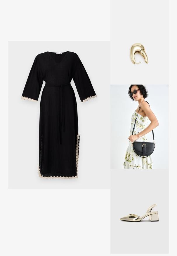 Juoda suknelė su V-formos iškirpte ir plačiomis rankovėmis, turinti liemens juostą ir kreminės spalvos bangelės apvadą ant rankovių ir sijono. Lengvas audinys.; Auksiniai, metaliniai slingback aukštakulniai bateliai su smailiu pirštu ir masyviu kulnu. Lygus paviršius, minimalizmo dizainas ir siaura juostelė.; Juodas odinis krepšys su išlenkta forma, nuimamu dirželiu ir auksiniais detalėmis. Krepšys turi kilpą su sagtimi.; Aukso tono metalinės auskarai su stilingu, kreiviu dizainu. Išsiskiria ryškiu smailiu pavidalu, poliruota paviršiumi ir užsegimu su vyriu.