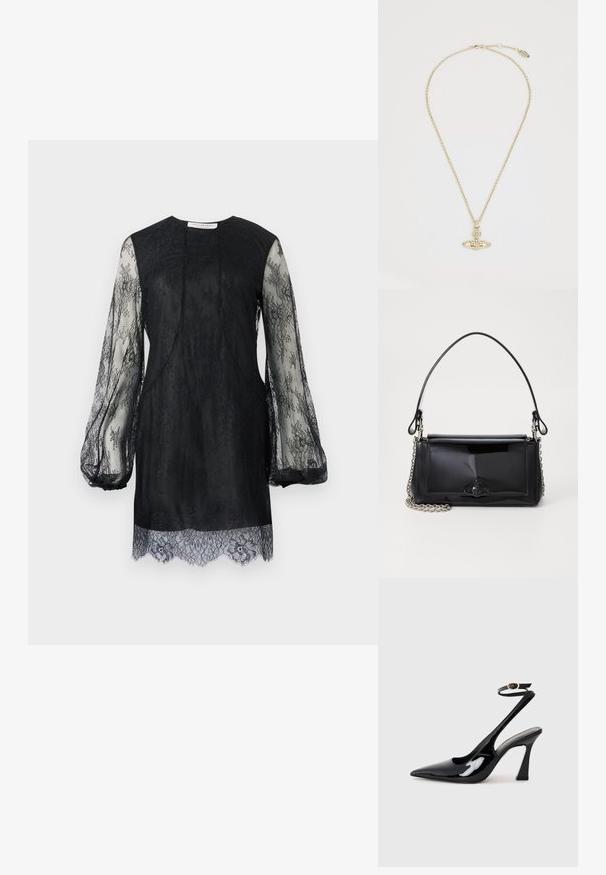 Fekete csipke ruha hosszú áttetsző ujjakkal és hullámos szegéllyel. A test része egyszínű fekete, gazdag csipkebetétekkel az egész területen.; Fekete lakk bőrből készült, slingback magas sarkú cipők, hegyes orral, állítható bokapánttal és mérsékelt tömbsarkal. Simább textúra, fényes felület.; Fekete lakkbőr kézitáska téglalap alakú, láncos vállpánttal és középen egy jellegzetes fém díszítéssel. Simaszerkezet.; Vivienne Westwood MAYFAIR BAS RELIEF PENDANT - Nyaklánc - gold-coloured
