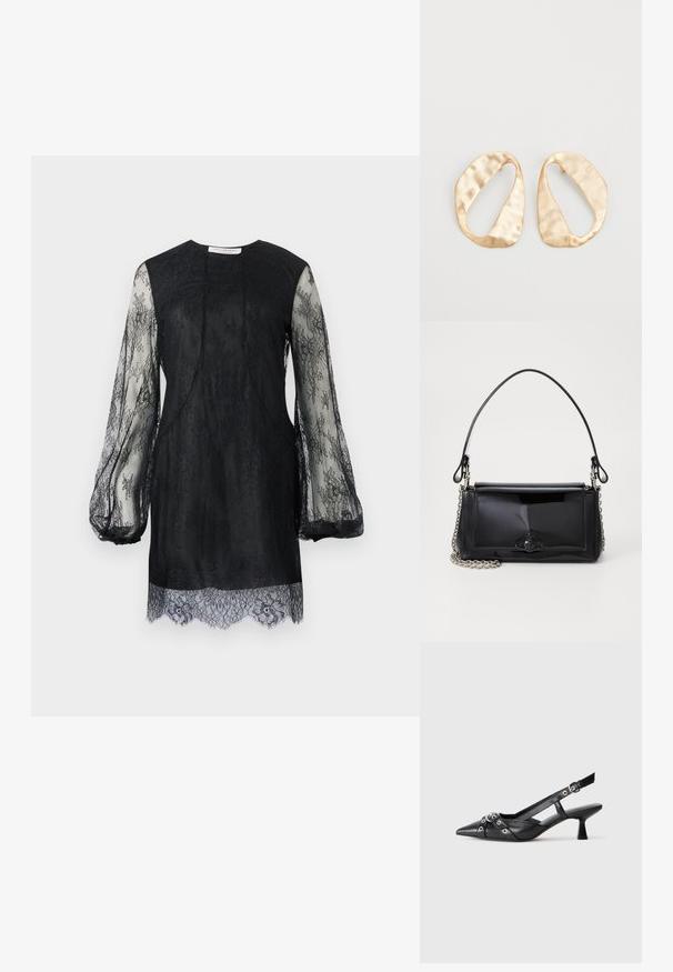 Schwarzes Spitzenkleid mit langen durchsichtigen Ärmeln und einem gewellten Saum. Der Körper ist aus festem Schwarz mit kunstvollen Spitzenverzierungen durchgehend.; Schwarzer Leder-Slingback-Schuh mit spitz zulaufender Zehenpartie, dekorativen Riemen mit METALLÖSEN und niedrigem Blockabsatz. Strukturelle Oberfläche.; Schwarze Lackleder-Handtasche mit rechteckiger Form, Kettenriemen und einem markanten Hardware-Akzent in der Mitte. Glatte Textur.; Ein Paar unregelmäßige, oval geformte Ohrringe aus goldfarbenem Metall mit einer strukturierten, leicht gehämmerten Oberfläche auf weißem Hintergrund.