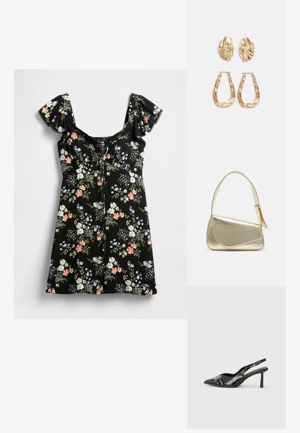 Čierne kvetinové šaty s nadýchanými rukávmi, štvorcovým výstrihom a priliehavým živôtikom. Obsahujú farebné kvetinové vzory v ružovej, modrej a bielej farbe.; Čierne lakované kožené slingback topánky s špicatou špičkou, remienkami okolo členku s striebornými prackami a hardvérom, a štíhlým podpätkom.; Zlatá metalická kabelka so štruktúrovaným dizajnom, hladkou textúrou a nastaviteľným popruhom. Obsahuje jedinečný trojuholníkový tvar a minimalistické šitie.; Náušnice v zlatej farbe s textúrovanými, vlnitými tvarmi. Obsahujú sochárske klipsové náušnice a otvorený tvar krúžku s kladivkovým povrchom.