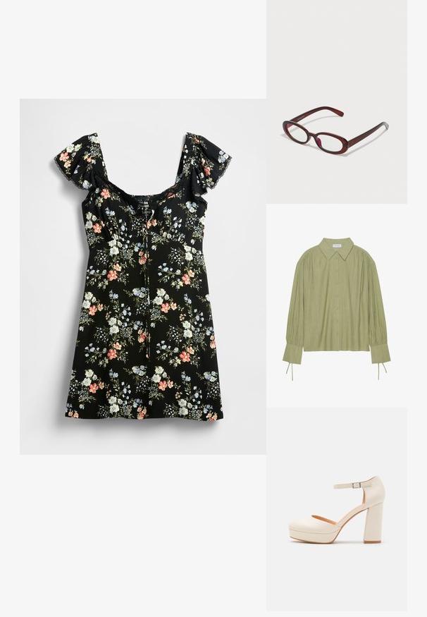 Black floral dress featuring puff sleeves, a square neckline, and a fitted bodice. Includes colorful floral patterns in pink, blue, and white.; Light green long-sleeve shirt with a button-up front, collar, textured fabric, and tie details at the cuffs. Straight hem design.; Cream-colored platform heels with a rounded toe and adjustable ankle strap. Features a chunky block heel with a slight wood accent.; Oval-shaped red sunglasses with clear lenses and sleek brown frames. The design features subtle curves and minimal hardware.